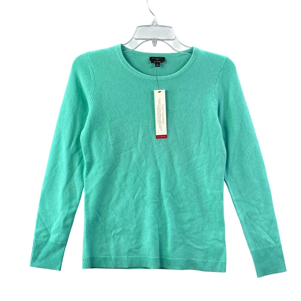 Talbots Crewneck Sweater Women Petite P Green Pure Cashmere Knit Button Cuff NEW